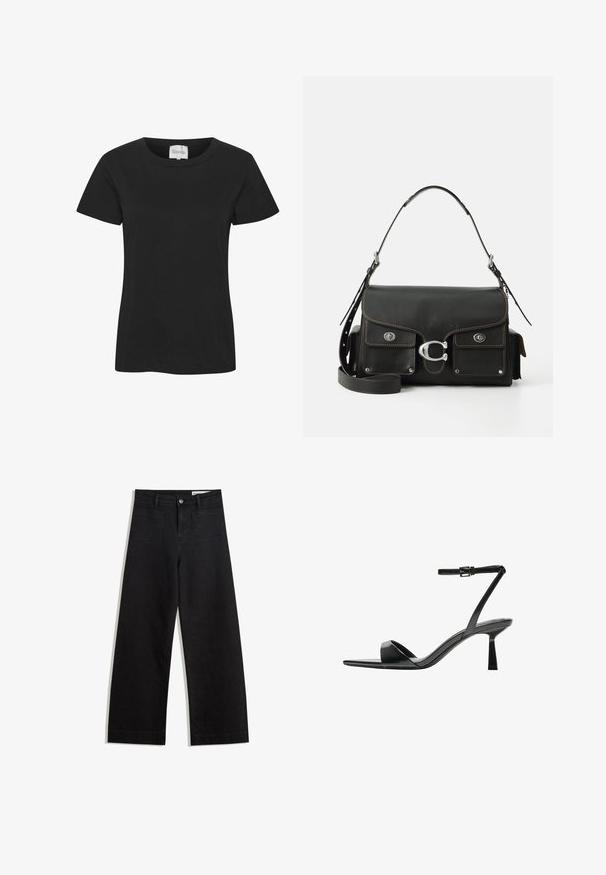 Čierne bavlnené tričko s okrúhlym výstrihom, krátkymi rukávmi a rovnou spodnou časťou. Tkanina má hladkú textúru, bez viditeľných vzorov alebo akcentov.; Čierne denimové nohavice s širokými nohavicami a vysokým pásom, so prednými a zadnými vreckami, šitými švami a zapínaním na gombík. Hladká textúra.; Bershka Sandále na vysokom opätku - black; Čierna kožená kabelka s klopou, striebornými kovovými prvkami, dvoma prednými vreckami, kontrastným prešívaním a odnímateľným ramenným popruhom.