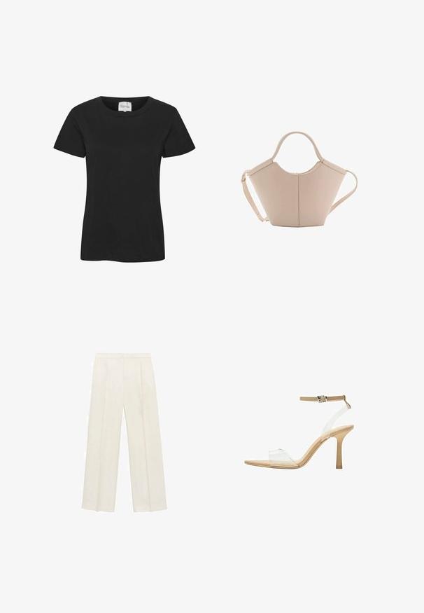 Tricou din bumbac negru cu decolteu rotund, mâneci scurte și tiv drept. Materialul are o textură netedă, fără modele sau accente vizibile.; Pantaloni cu picioare largi, de culoare crem deschis. Realizați dintr-un material neted, cu plisuri în față și buzunare laterale.; Sandalie cu toc transparent, cu un brad transparent, talpă bej și o curea subțire pentru glezna. Au vârf ascuțit și un toc subțire înalt.; Geantă de mână bej din piele cu o formă unică, dotată cu două mânere scurte și o curea lungă ajustabilă. Textură netedă, cu hardware minim.
