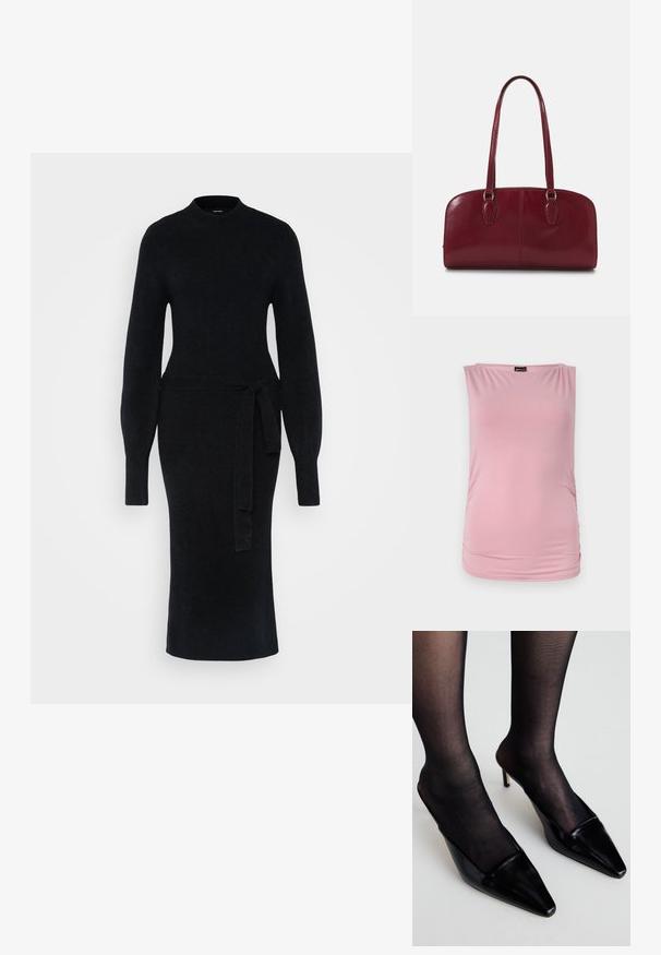 Roza bezrukavna majica od mekanog, rastezljivog materijala. Ima okrugli dekolte i nabrane strane koje daju prilagođeni izgled.; Crna pletena haljina s dugim rukavima, visokim izrezom i pojasom u struku. Silueta je pripijena, s ravnim srednje dugim krojem.; Crne lakirane mule s uskim nosom i niskim dizajnom. Imaju tanak potpeticu i kombinirane su s crnim prozirnim najlonkama.; Zign LEATHER - Ručna torba - dark red