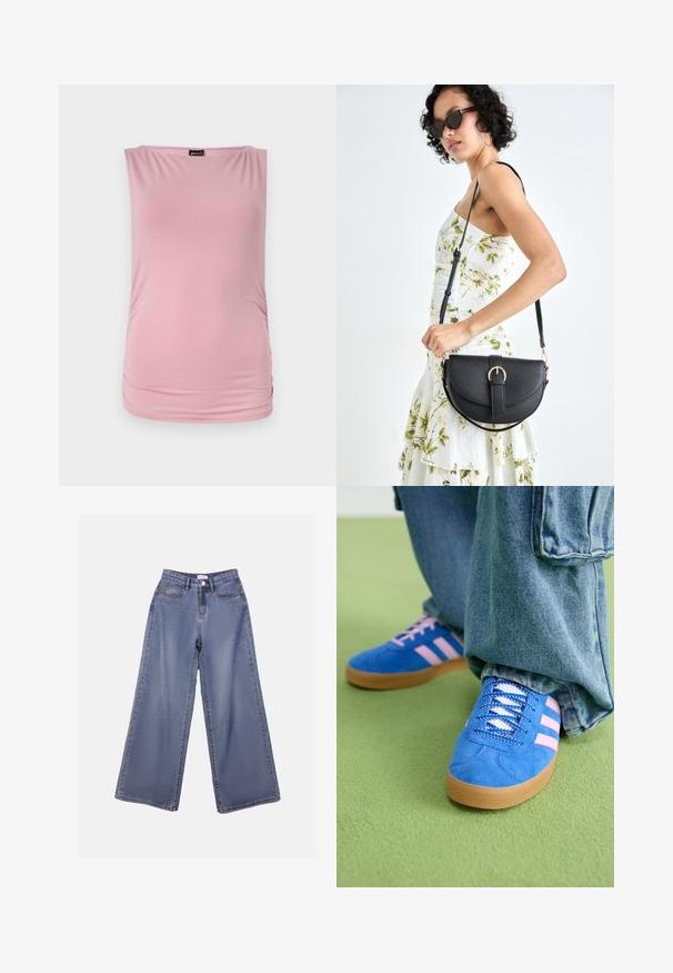 Top roz, fără mâneci, fabricat dintr-un material moale și elastic. Are un decolteu în formă de cerc și părți laterale plisate pentru o siluetă ajustată.; Jeans din denim cu picioare largi într-o nuanță de albastru deschis, având talie înaltă, buzunare frontale și închidere cu nasture și bucle pentru curea.; Pantofi din piele întoarsă albaștri cu dungi roz și șireturi albe, având o talpă din cauciuc gumat, asortați cu pantaloni din denim largi pe o suprafață verde.; Geantă din piele neagră, cu o formă curbată, curea detașabilă și accesorii aurii. Geanta are un capac cu un detaliu tip cataramă.