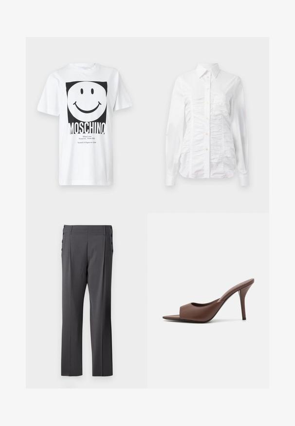 Hvid bomulds-t-shirt med stort sort smiley-motiv, fed "MOSCHINO"-tekst nederst og yderligere sorte tekstdetaljer.; Hvid skjorte med lange ærmer, der har en rynket tekstur på fronten, små gyldne knapper og en klassisk krave.; Grå skræddersyede bukser med lige ben, frontfolder og dekorative sidelommer for ekstra detalje. Glat stofstruktur.; Brune læder open-toe højhælede mules med et slankt design, der har en bred frontrem og en slank stiletto-hæl.