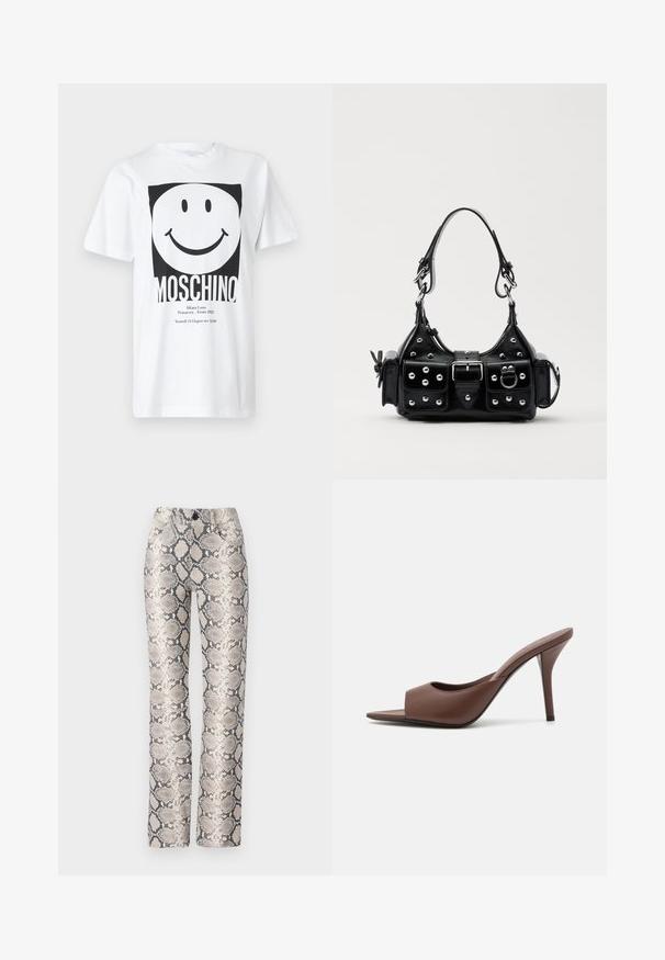Hvid bomulds T-shirt med et sort firkantet grafik med et smilende ansigt og teksten "MOSCHINO" nederst. Korte ærmer, rund hals.; Slangemønstret bukser i en beige og grå farveskala. Lige ben design med en struktureret overflade og forlommer. Har en knaplukning.; Brune læder open-toe højhælede mules med et slankt design, der har en bred frontrem og en slank stiletto-hæl.; Sort læderhåndtaske med et buet design, prydet med sølvfarvede nitter, en spænde og to sidelommer. Justerbar rem til forskellige bære muligheder.
