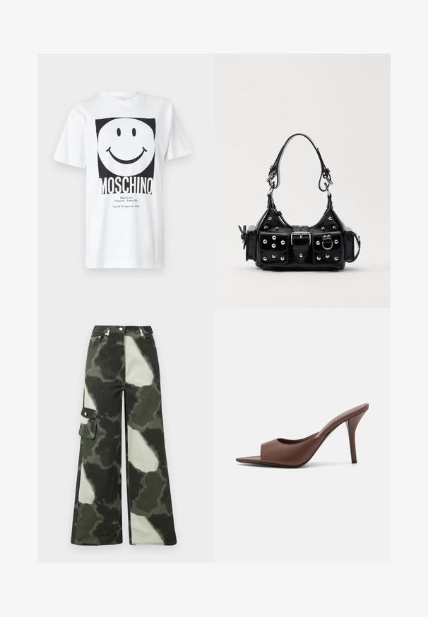 Valge puuvillane T-särk, millel on must ruutkujundus naeratava näo ja tekstiga "MOSCHINO" allosas. Lühikesed varrukad, ümar kaelus.; Laia säärega cargo püksid tumeroheline ja heegeldatud halli kamoflaažiga mustris. Omab küljetaskut ja metallnuppu, valmistatud vastupidavast puuvillamaterjalist.; Pruunid nahast avatud varvastega kõrged kontsad, millel on stiilne disain, laia eesrihma ja peene stilettokontsaga.; Must värvi nahast käekott, millel on kaarjas disain, hõbedased nupukesed, kinnitusahe ja kaks külgtaskut. Reguleeritav rihm erinevate kandmisvõimaluste jaoks.
