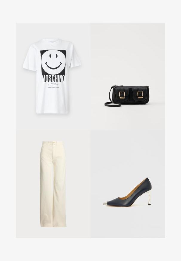 White cotton t-shirt featuring a large black smiley face graphic, bold "MOSCHINO" text at the bottom, and additional black text details.; Polo Ralph Lauren COTTON CORDUROY WIDE-LEG PANT - Trousers - warm white; Navy leather high heel shoe with a pointed toe, featuring a silver metallic cap and a shiny silver stiletto heel.; Black leather crossbody bag with two front pockets, gold buckles, zipper closure, and a slim strap. Textured surface and compact rectangular shape.