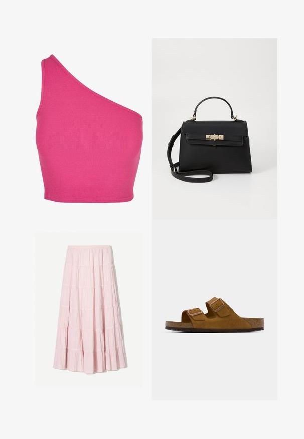 Asymmetrischer, verkürzter Top aus leuchtend pinkem Rippstoff, mit einem schulterfreien Design und glatten Kantenverzierungen.; Helles Rosa, gestuftes Maxikleid aus einem strukturierten, leichten Stoff. Elastischer Bund und fließender Saum mit Rüschendetails.; Braune Wildleder-Sandale mit zwei verstellbaren Riemen, Korkfußbett und einer strukturierten Gummisohle. Minimalistisches Design ohne zusätzliche Verzierungen.; Schwarze Lederhandtasche mit strukturiertem Design, Obergriff, abnehmbarem Schulterriemen und goldfarbener Hardware. Verfügt über einen vorderen Schnappverschluss.