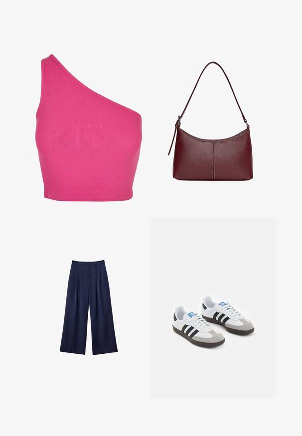 Asymetryczny top z krótkim rękawem w jasnoróżowym prążkowanym materiale, z projektowaniem na jedno ramię i gładkimi wykończeniami.; Granatowe spodnie typu wide-leg z plisami, zapinane w pasie na guziki, z szlufkami na pasek, pokazane na płasko na białym tle.; Buty sportowe z białą skórzaną cholewką, szarym zamszowym noskiem i trzema czarnymi paskami. Posiadają niebieskie logo na języku oraz teksturowaną gumową podeszwę.; Bordowa torebka skórzana o zaokrąglonym kształcie, z jednym paskiem na ramię i przeszyciami w centrum. Gładka faktura, minimalna ilość elementów metalowych.