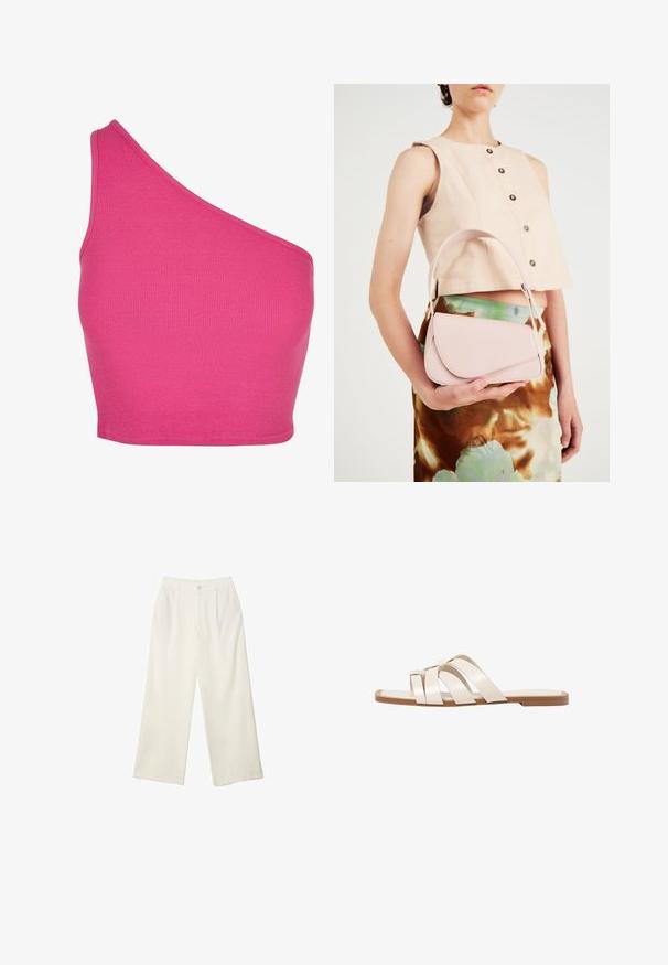 Asymmetrisk cropped top i lys pink ribbet stof med design med én skulder og glatte kantdetaljer.; Bredde bukser i cremefarvet stof med en glat tekstur, der har en enkelt knap foran, diskrete folder og design med høj talje.; Flade sandaler med en lys gummisål, designet med tre overlappende hvide læderremme og en lille sløjfe detalje i midten.; Lyserød læderhandtaske med en buet klap, enkel skulderrem og rene linjer. Tasken har en glat overflade og et minimalistisk design.