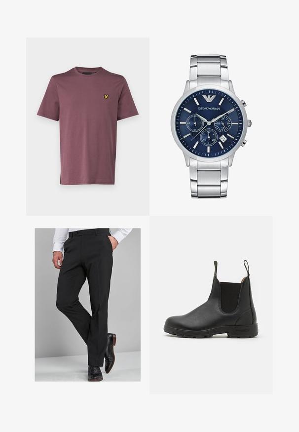Lyle & Scott Basic póló - highland mauve; Fekete öltöny nadrág, testhezálló szabással, sima felülettel, egyenes lábszárral és övhurkokkal, fényes fekete öltönycipővel párosítva.; Fekete bőr Chelsea csizma rugalmas oldalsó panelekkel, húzófüllel, masszív gumitalppal és steppelt részletekkel. Simább textúra az egész felületen.; Emporio Armani Kronográf óra - silver-coloured