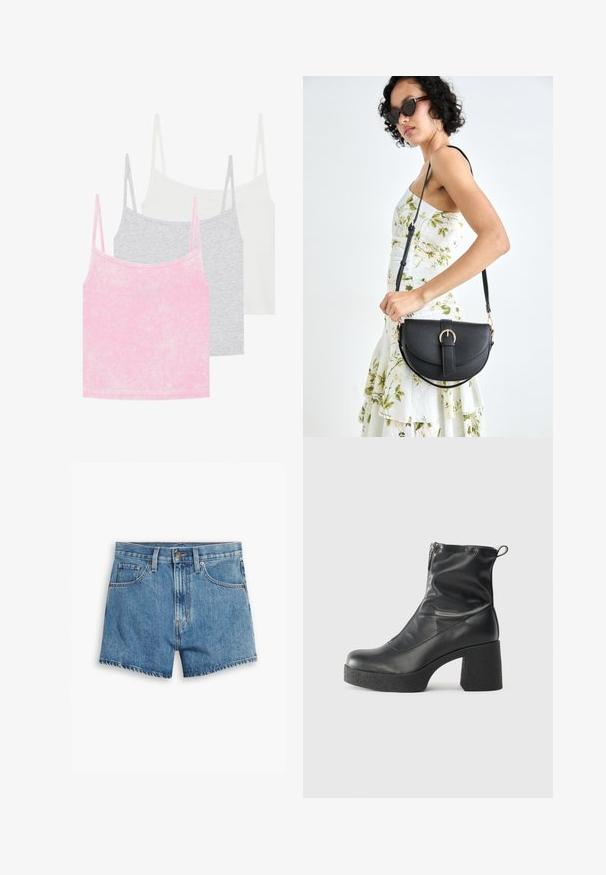 Set of three camisole tops in pink, gray, and white. Made of ribbed fabric with thin straps. Each top has a round neckline.; Denim shorts in light blue, featuring five pockets, a zip fly, and a button closure. The hem is frayed with a relaxed fit design.; Black ankle boots made of smooth leather, featuring a side zipper, chunky textured heel, and rounded toe design.; Black leather handbag with a curved shape, detachable strap, and gold hardware. The bag features a flap with a buckle detail.
