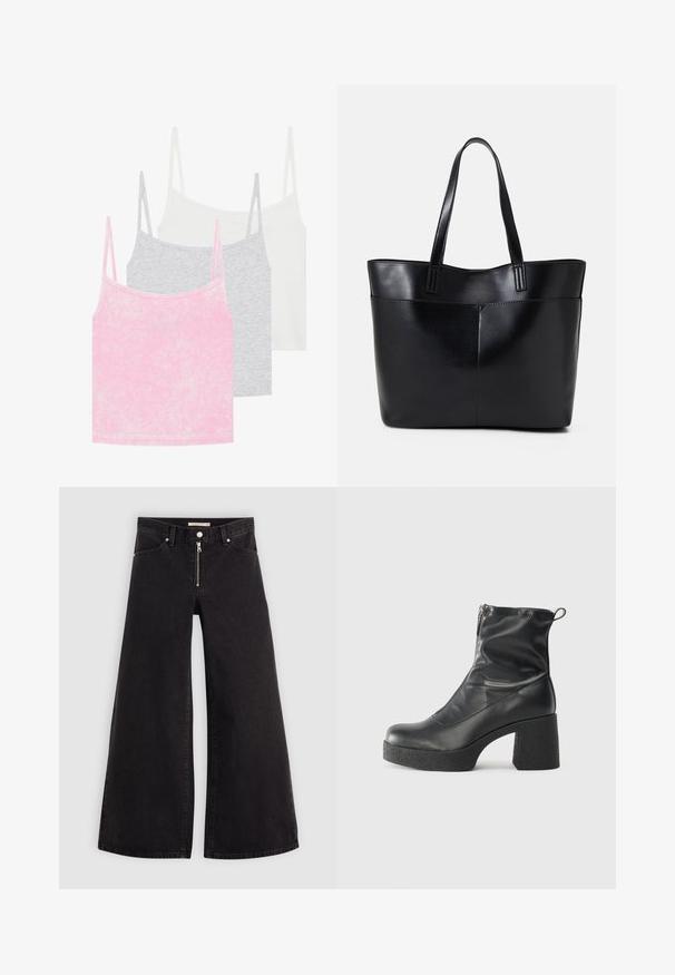 Sett med tre topper i rosa, grått og hvitt. Laget av ribbestrikket stoff med tynne stropper. Hver topp har en rund halslinning.; Vide benbukser i sort denim med glidelås i front, fem-lomme design og subtile sømdetaljer. Glatt tekstur og avslappet stil.; Svarte ankelstøvler laget av glatt lær, med glidelås på siden, chunky strukturert hæl, og rund tå-design.; Svart lær toteveske med to lange håndtak, en glatt tekstur og en strukturert form. Har en frontlomme for ekstra oppbevaring.