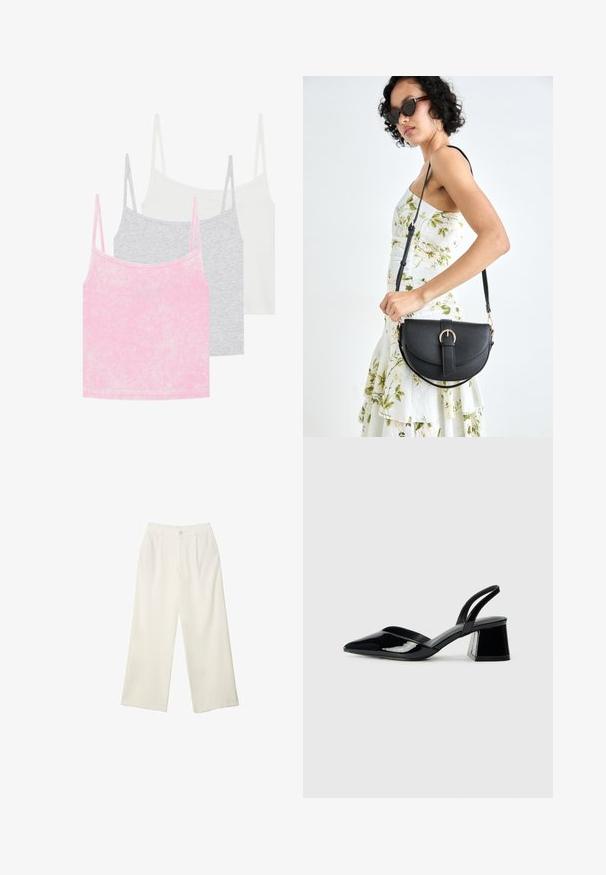 Kolikkoyhdistelmä, johon kuuluu kolme toppia: vaaleanpunainen, harmaa ja valkoinen. Materiaalina on ribbikangas, ja niissä on ohuet olkaimet. Jokaisessa ylhäällä on pyöreä pääntie.; Kermanhousut vaaleassa kankaassa, jossa on sileä rakenne, yksittäinen etunappi, hienovaraiset laskokset ja korkea vyötärömuotoilu.; Mustat patentoitu nahkakengät, joissa on säären takaosa ja terävä kärki, sekä geometrinen palikkakorko. Sisältää tyylikkään, minimalistisen muotoilun ja sileän pinnan.; Musta nahkainen käsilaukku, joka on kaareva muotoilultaan, irrotettavalla hihnalla ja kultaisilla yksityiskohdilla. Laukussa on läppä, jossa on solk yksityiskohta.