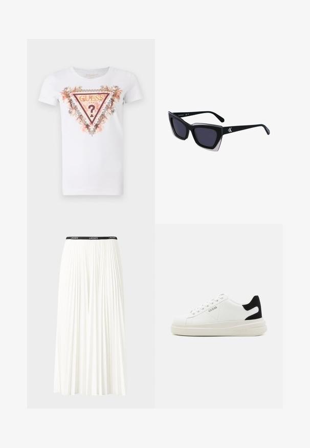 Witte katoenen T-shirt met een driehoekig grafisch ontwerp met bloemaccenten en strass-versieringen. Het logo "Guess U.S.A." is prominent weergegeven.; Plisséminirok in het wit met een zwarte elastische tailleband met het "LACOSTE"-logo. Middellange ontwerp met een zachte textuur.; Witte leren sneakers met een dikke witte zool, zwarte suède hielaccent en een geperst logo op de zijkant. Vetersluiting met zes oogjes.; Zwarte oversized zonnebril met een geometrische vorm, voorzien van donkere glazen en een contrasterend grijs detail op het montuur. Logo op de arm.