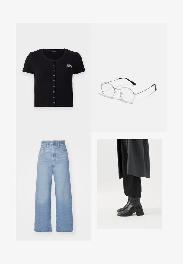 Must vest, lühikeste varrukatega, soonikuga T-särk, ümarate krae ja esise paelaga. Omab logo tikandit vasakul rinnal.; Heledad sinine kõrge vöökohaga laiad teksad, ees nupp ja tõmblukk, ees ja taga taskud, valge tausta peal.; Mustad nahast pahkluu saapad, millel on ruudukujuline varvas ja paks konts, kantud lohakate mustade pükste ja tumeda halli mantliga. Sile pinnatekstuur.; Ümmargused metallist prilliraamid, millel on õhuke hõbedane raam, selged läätsed ja mustad templid, millel on mugavuse tagamiseks kummist otsikud. Minimalistlik disain.