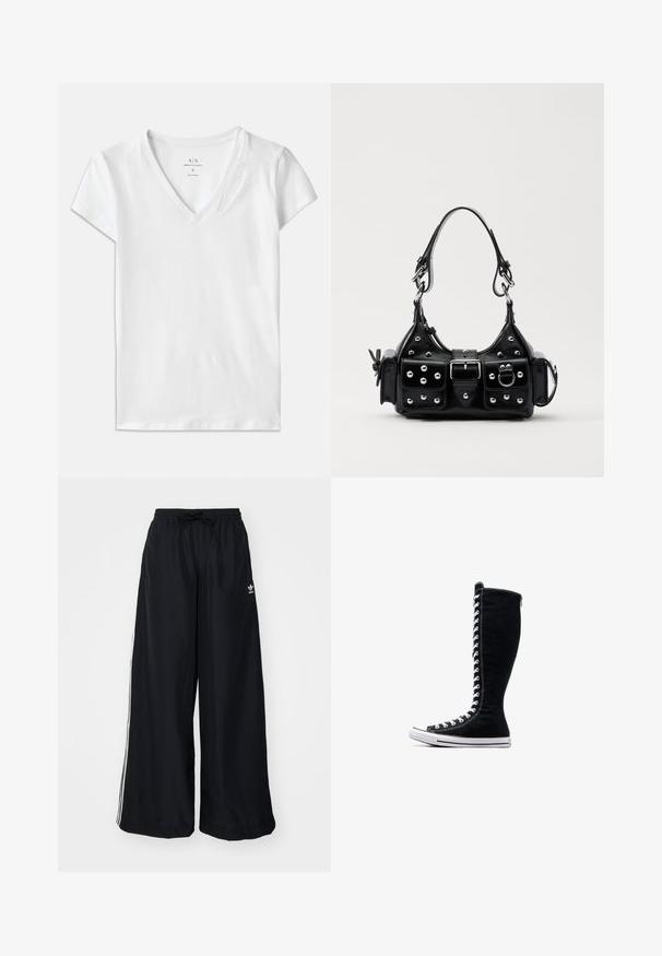 Hvid kortærmet V-hals t-shirt lavet af bomuld, med en subtil prægning af "Armani Exchange" detalje på kraven.; Sorte vide bukser lavet af letvægtsstof. Har en elastisk talje med snøre og hvide sidelister. Brandlogo på hoften.; Sorte høje sneakers med et højt design, lavet af kanvas. Har hvide snørebånd, syninger og en gummisål med en tåhætte.; Sort læderhåndtaske med et buet design, prydet med sølvfarvede nitter, en spænde og to sidelommer. Justerbar rem til forskellige bære muligheder.