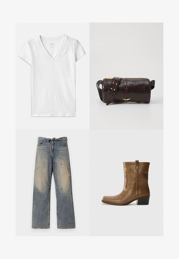 Bela kratka majica s V-izrezom, izdelana iz bombaža, z diskretnim reliefnim detaljem "Armani Exchange" na ovratniku.; Svijetloplave traperice s labavim ravnim krojem. Imaju izbledele detalje, tragove habanja i oštećenja u području koljena. Klasičan stil s pet džepova.; Rjave usnjene gležnjarje s kvadratnim nosom, teksturirano površino in nizko kvadratno peto. Imajo zadnji trak za enostavno obuvanje in subtilne šivane detajle.; Brah blaženka iz rjavega usnja z embosiranim krokodilom, cilindrične oblike, zlatih kovinskih elementov in odstranljivim pasom, ki vsebuje žebljičke.