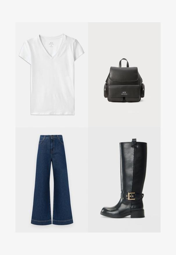 T-shirt branca de manga curta com decote em V, feita de algodão, apresentando um discreto detalhe em relevo "Armani Exchange" na gola.; Jeans azul de perna larga com cintura alta, apresentando um fecho de botão, passantes para cinto e detalhes de costura discretos ao longo dos bolsos e das bainhas.; Bota de couro preta até ao joelho, com um pequeno salto bloco, uma tira decorativa com fivela dourada à volta do tornozelo e uma aba na parte superior.; Mochila de couro preto com fecho com aba, bolso frontal, compartimentos laterais com fecho éclair e uma pega no topo. Apresenta detalhes do logotipo na parte da frente.