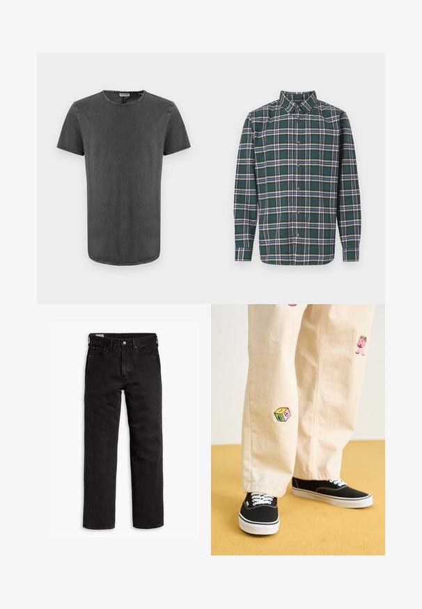 Maglietta grigia a maniche corte con collo rotondo, realizzata in tessuto morbido, con un orlo leggermente curvo e dettagli di cucitura in vista.; Camicia di flanella verde con un motivo a quadri che presenta righe blu, bianche e giallo senape. Chiusura con bottoni e colletto punta. Maniche lunghe.; Jeans in denim neri a gamba dritta con cinque tasche, chiusura a bottone e passanti per cintura, adagiati su uno sfondo bianco.; Pantaloni di cotone beige con divertenti ricami che includono un personaggio rosa e un blocco colorato, abbinati a sneaker nere con lacci.