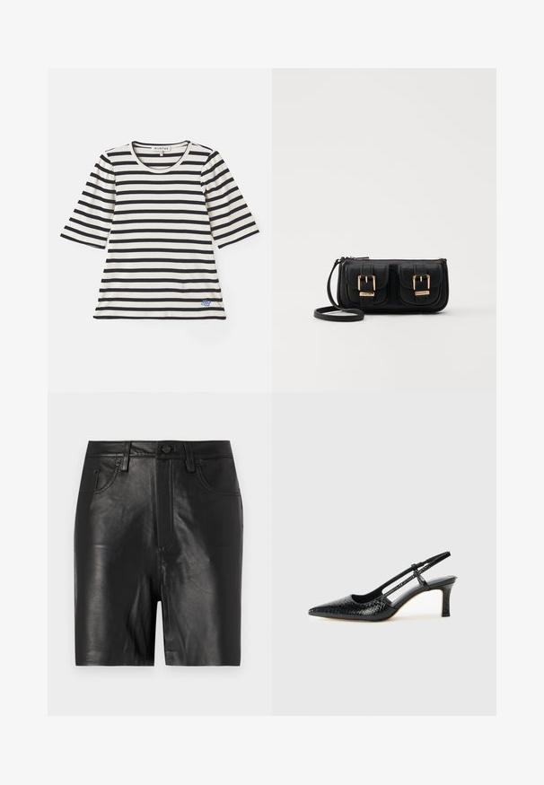 Dryžuota kreminė ir tamsiai mėlyna marškinėliai, su trumpomis rankovėmis, grublėta tekstūra, apvalia iškirpte ir mažo mėlyno logotipo detale šalia apačios.; Juodi odiniai šortai su lygiu paviršiumi, su priekiu užtraukiama užtrauktuku, mygtuko uždarymu ir klasikiniu penkių kišenių dizainu.; Juodai lakuoti slingback aukštakulniai su smailiu nosiu, su tekstūruotu gyvatės raštu, reguliuojama juosta ir trumpu, tekstūruotu blokiniu kulnu.; Juodas odinis per petį nešiojamas krepšys su dviem priekiniais kišenėmis, auksiniais sagtimis, užtrauktuko uždarymu ir siauromis petnešomis. Textūruota paviršius ir kompaktiškas stačiakampis formatas.