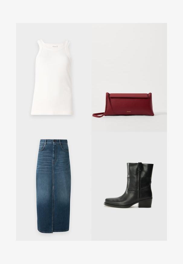 Vit ribbad linne med rundad halsringning och breda axelband. Har en diskret logodetalj på fållen. Mjukt tyg med en figurnära passform.; Jeans midi kjol i mörk indigo, med en frontslits och lätt blekning. Klassisk femficksdesign med metallknappstängning.; Svart läderankelboot med rund tå, blockklack, sidodragkedja och sömmar på ovandelen. Slät textur, klassisk design.; Röd läderclutch med texturerad yta, med en platt vik överst och ett kort band. Diskret varumärkeslogotyp på framsidan.