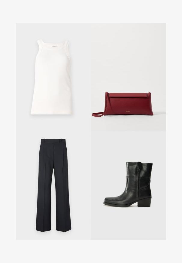Canotta bianca a costine con scollatura arrotondata e spalline larghe. Presenta un sottile dettaglio del logo sull'orlo. Tessuto morbido con una forma aderente.; Pantaloni a righe blu scuro con vita alta, design a gamba larga e senza hardware o decorazioni visibili. Tessuto liscio e vestibilità sartoriale.; Stivale ankle in pelle nera con punta arrotondata, tacco a blocco, cerniera laterale e dettagli in cucitura sulla tomaia. Texture liscia, design classico.; Borsa a pochette rossa in pelle con finitura texturizzata, dotata di un sopra pieghevole piatto e di una tracolla corta. Logo del marchio discreto sulla parte anteriore.