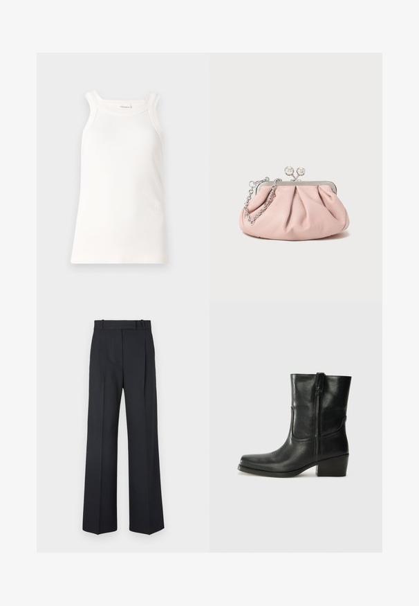 Balta juostuota maikutė su apvaliu iškirpimu ir plačiomis petnešėlėmis. Yra subtilus logotipo detalė ant apvado. Minkšta medžiaga, glausta forma.; Tamsiai mėlynos juostelės kelnės su aukštu liemeniu, plačiomis kojomis ir be matomų detalių ar puošmenų. Sklandus audinys ir pritaikytas siluetas.; Juodi odiniai aulinukai iki kulkšnies su apvali nosimi, blokuotais kulnais, šonine užtrauktuku ir siuvimo akcentais ant viršutinės dalies. Lygi tekstūra, klasikinis dizainas.; Rožinė odinė rankinė su surinkta forma, metaliniu rėmu, dviem apvaliais užsegimais ir sidabrine grandinėlės dirželiu. Lygus paviršius, kompaktiška forma.