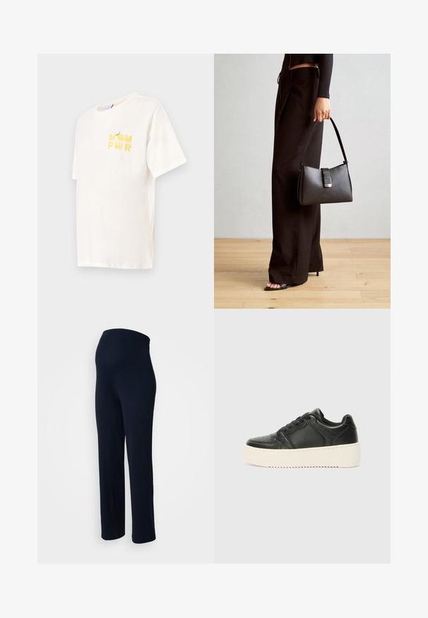 MAMALICIOUS MLFERIDA - Marškinėliai su spaudiniu - snow white; Tamsiai mėlyni tamprūs kelnės su lygiu paviršiumi, elastingu juosmeniu ir tiesiomis kojomis, be matomų detalių ar raštų.; Juodų odinių sportbačių su lygiu paviršiumi, storu kreminės spalvos padu, apvaliu pirštu ir klasikiniu raištelių užsegimu. Subtilios siuvimo detalės.; Juodas rankinė struktūrizuota forma, lygi tekstūra ir metalinis užsegimas. Suporuota su plačiomis juodomis kelnėmis ir atvirais bateliais ant medinių grindų.