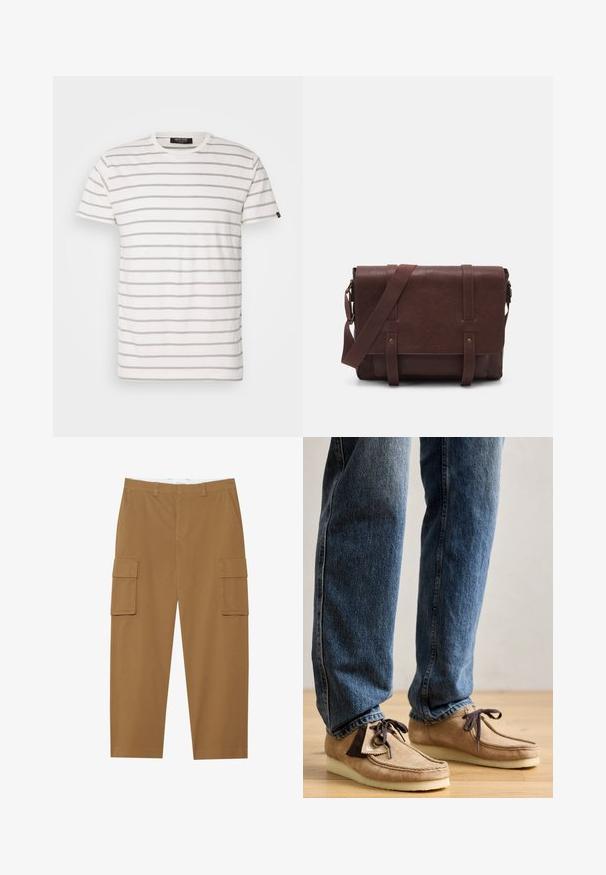 Short-sleeve, crew neck T-shirt in white with alternating gray stripes. Soft fabric with a regular fit and straight hem. Brand label on side.; Three long-sleeve shirts: light blue, white, and navy. All have a classic collar and button-down front, made of smooth fabric.; Brown cargo pants with two side pockets, a flat front, and a straight leg cut. Made from a durable fabric with a smooth texture.; Suede moccasins in tan with dark brown accent, rounded toe, and plush white sole. Features lace-up design and stitched detailing.; Brown leather messenger bag with a flat front flap, two straps, gold hardware accents, and an adjustable shoulder strap.