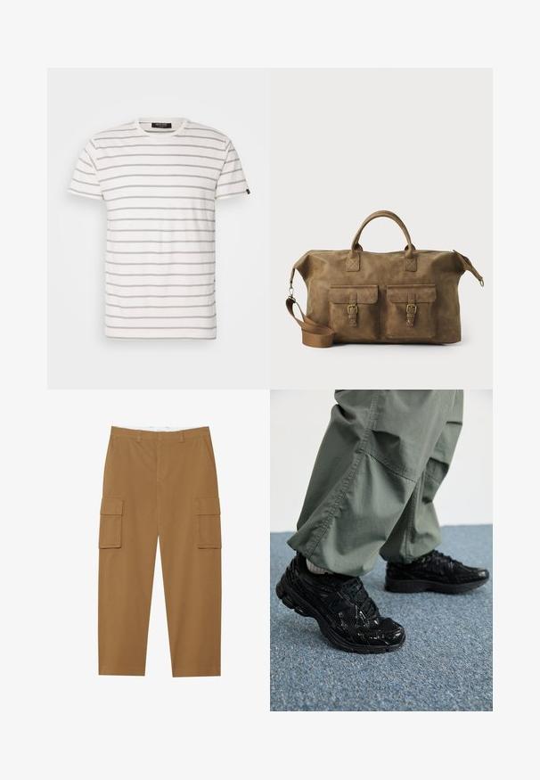 Kortlopende, ronde hals T-shirt in het wit met afwisselende grijze strepen. Zacht stof met een normale pasvorm en rechte zoom. Merkenlabel aan de zijkant.; Bruine cargobroek met twee zijzakken, een vlakke voorkant en een rechte pijp. Gemaakt van een duurzame stof met een gladde textuur.; Zwarte sport sneakers met glanzende en mesh texturen, voorzien van een dikke zool en veters, gecombineerd met losse olijfgroene cargobroeken.; Bruine leren weekendtas met twee voorzakken, verstelbare schouderband, gouden hardware en stevige handvatten aan de bovenkant. Strakke textuur.