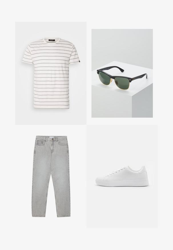 T-shirt a maniche corte, collo giro in bianco con strisce grigie alternate. Tessuto morbido con vestibilità regolare e orlo diritto. Etichetta del marchio sul lato.; Pantaloni in denim grigio chiaro con design a gamba dritta, stile a cinque tasche e chiusura con bottone. Cuciture visibili lungo le cuciture.; Sneaker bianchi con tomaia in sintetico liscio, punta tonda, sei occhielli per i lacci e suola in gomma a profilo basso con dettagli testurizzati.; Occhiali da sole Ray-Ban con lenti verdi, montatura in plastica nera e dettagli dorati ai bordi. Forma quadrata con finitura opaca.