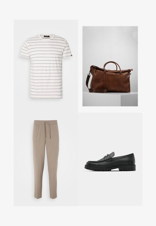 Kortermet, rundhalset T-skjorte i hvit med vekselsvis grå striper. Mykt stoff med normal passform og rett kant. Merkeetikett på siden.; Lys beige bukser med elastisk talje, justerbar snor og avsmalnede ben. Stoffet ser glatt ut med en svak glans.; Sorte lærloafere med rund tå, med en syddesign, lav plattformsåle og en teksturert, ruggede gummisåle.; Brun lær duffelbag med glidelås, doble håndtak, justerbar skulderreim og synlige teksturmønstre på overflaten.
