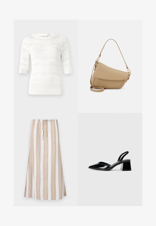 Balta megzta suknelė su trumpomis rankovėmis. Su bangų ir deimantų raštais, raukšlėtomis rankovėmis ir apvaliu iškirpimu. Pagaminta iš lengvos medžiagos.; Dryžuota sijonas balta ir šviesiai ruda, su raukšlėja juosmeniu ir ilga, laisvai krentanti forma. Pagaminta iš lengvos medžiagos, su laisvu iškirpimu.; Juodos lakuotos odinės šlepetės su smailiu pirštu ir geometriniu bloko kulnu. Turi elegantišką, minimalistinį dizainą ir lygų paviršių.; Even&Odd Rankinė - beige