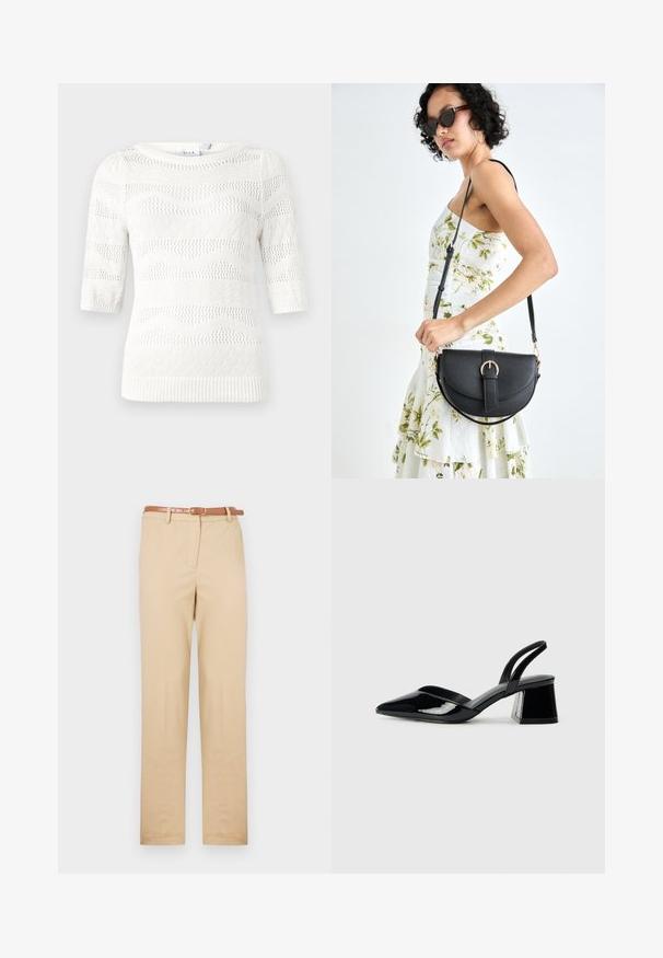 Maglione bianco lavorato a maglia con maniche corte. Presenta motivi a onda e a diamante, polsini a costine e un collo rotondo. Realizzato in materiale leggero.; Chino beige realizzati in tessuto leggero, con un taglio dritto, tasche laterali e una cintura in pelle marrone con fibbia rettangolare.; Décolleté in vernice nera con punta affusolata e tacco in geometria cubica. Presentano un design elegante e minimalista, con una texture liscia.; Borsa a tracolla nera in pelle con una forma curva, manico rimovibile e accessori dorati. La borsa presenta una patta con un dettaglio a fibbia.