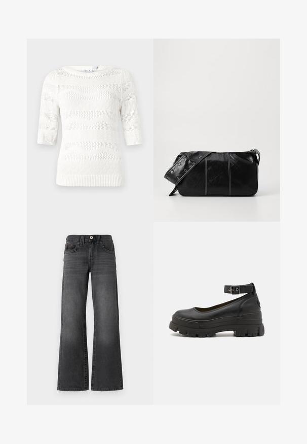 Biały wełniany sweter z krótkimi rękawami. Posiada wzory fal i diamentów, ściśle zakończone mankiety oraz okrągły dekolt. Wykonany z lekkiego materiału.; Spodnie dżinsowe o szerokich nogawkach w ciemnoszarym denimie. Posiadają pięć kieszeni, zapięcie na guzik oraz subtelne przetarcia na materiale. Klasyczne wykończenia szwów.; Buffalo ASPHA czarny; Czarna skórzana torba na ramię z zamkiem błyskawicznym, charakteryzująca się teksturowanym korpusem, białymi przeszyciami oraz paskiem z srebrnymi osłonkami.