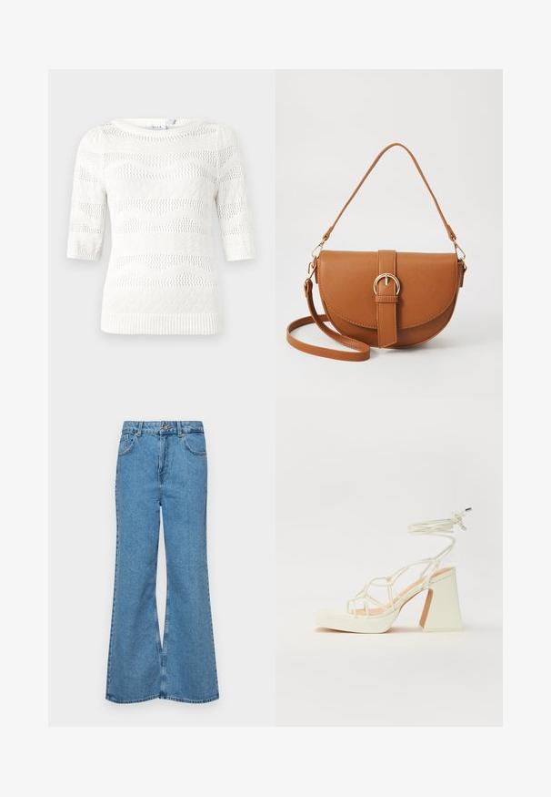 Balts adīts džemperis ar īsām piedurknēm. Iekļauj viļņu un dimanta rakstus, ribotas aproces un apaļu kakla izgriezumu. Izgatavots no viegla materiāla.; Gaiši zili, platā piegriezuma džinsi, kas izgatavoti no denima, ar augstu jostasvietu, piecām kabatām un vienu pogu. Mīksta tekstūra ar nolietotu apdari.; Baltas augstpapēžu sandales ar masīvu papēdi, ar siksnu dizainu un potītes saistītiem elementiem. Gluda tekstūra ar platformu priekšpusē, lai nodrošinātu papildu augstumu.; Brūns ādas plecu soma ar izliekta formu, zelta piederumiem un sprādzes akcentu. Iesaiņota ar noņemamu plecu siksnu.