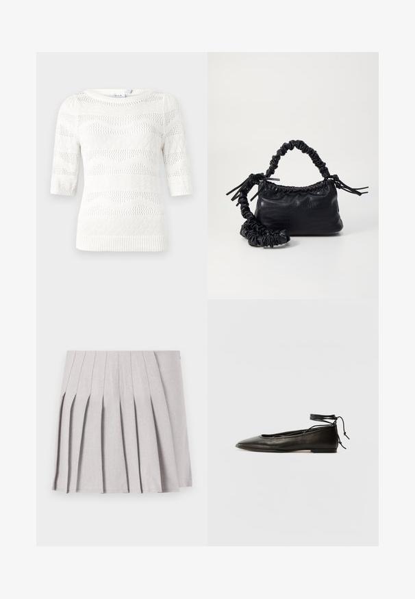 White knitted sweater with short sleeves. Features wave and diamond patterns, ribbed cuffs, and a round neckline. Made from lightweight material.; Gray pleated skirt with a smooth texture, featuring multiple vertical folds and a fitted waistline. Made from lightweight fabric.; Black leather ballet flats with a pointed toe, ankle tie, and flat sole, featuring a smooth texture and minimalistic design.; Black faux leather handbag with a crocodile texture, cinched top, and a scrunched strap. Appears soft and compact in design.
