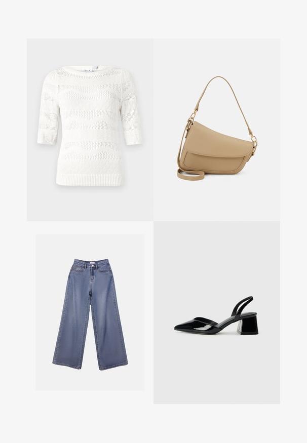 White knitted sweater with short sleeves. Features wave and diamond patterns, ribbed cuffs, and a round neckline. Made from lightweight material.; Wide-leg denim jeans in a light blue wash, featuring a high waist, front pockets, and a button closure with belt loops.; Black patent leather slingback heels with a pointed toe and a geometric block heel. Features a sleek, minimal design and smooth texture.; Even&Odd Handbag - beige