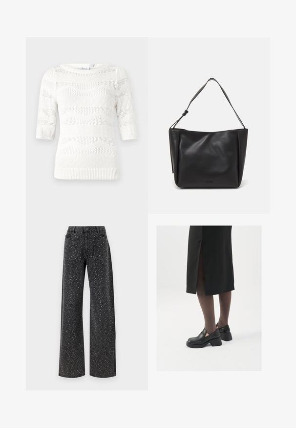 Hvid strikket sweater med korte ærmer. Har bølge- og diamantmønstre, ribbede manchetter og en rund halsudskæring. Fremstillet af let materiale.; Noisy May NMJANNEL LOOSE - Jeans Relaxed Fit - black denim; Sorte lædersko med rund tå, kraftig blokhæl og elastiske sideaccentuer, parret med mørke strømpebukser og en sort nederdel med slids.; Calvin Klein GRACIE MEDIUM - Håndtasker - black; Sølvøreringe med et minimalistisk design. Cirkulær form, glat tekstur og tynd profil. Letvægtige med en poleret overflade.