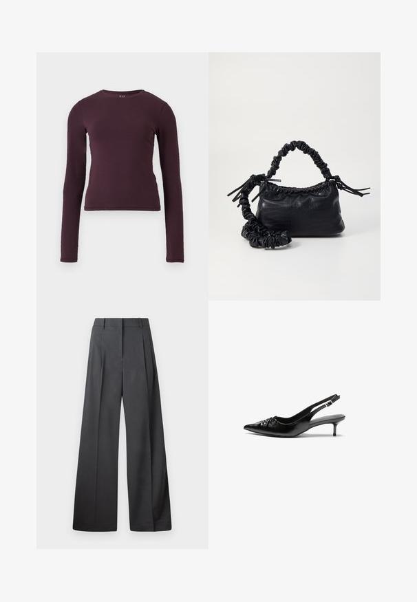 Top cu mânecă lungă și gât rotund, de culoare mov închis, realizat dintr-un material moale și elastic. Prezintă un design ajustat, fără modele sau accente vizibile.; Pantaloni culți din țesătură gri închis, cu talie înaltă, pliuri simple și o textură netedă, cu o finisare curată la tivuri.; Cizme slingback din piele neagră, cu vârf ascuțit, toc mic de tip kitten heel și un detaliu decorativ sub formă de nod în față. Textură netedă pe întreaga suprafață.; Geantă din faux leather neagră cu textură de crocodil, cu partea superioară strânsă și o curea mototolită. Pare moale și compactă ca design.