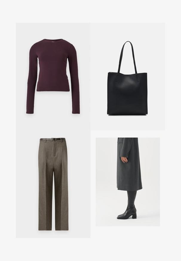 Dolga majica z dolgimi rokavi in okroglim ovratnikom v temno vijolični barvi, izdelana iz mehke in raztegljive tkanine. Ima oprijet kroj brez vidnih vzorcev ali dodatkov.; Rjave krojene hlače s ravnim krojem, z gladkim materialom, zanko za pas in ravnim sprednjim delom.; Siv prešita zimska plašča ravnega kroja; obuta z visokimi črnimi usnjenimi škornji, ki imajo kvadratni nos in debel pet.; Črna usnjena torba s svilnato teksturo, pravokotne oblike in dvema dolgima ročajema. Brez vidnih metalnih delov ali okrasnih elementov.