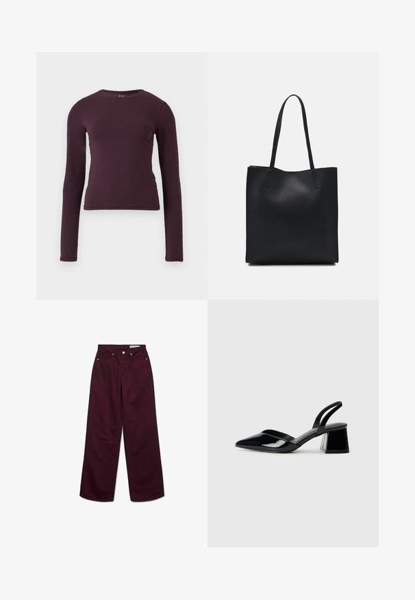 Ilga rankovė, apvaliu kaklu, tamsiai purpurinė, pagaminta iš minkšto, elastingo audinio. Yra prigludusi dizaino, be matomų raštų ar akcentų.; Vinilinės burgundiškos plačios džinsinės kelnės, pagamintos iš medvilnės, su aukštu liemeniu, penkiais kišenėmis ir metalinėmis detalėmis. Lygus paviršius ir vienoda spalva.; Juodos lakuotos odinės šlepetės su smailiu pirštu ir geometriniu bloko kulnu. Turi elegantišką, minimalistinį dizainą ir lygų paviršių.; Juodas odinis tote krepšys su lygia tekstūra, stačiakampio formos ir dviem ilgais rankenomis. Matomų metalinių detalių ar puošybos nėra.