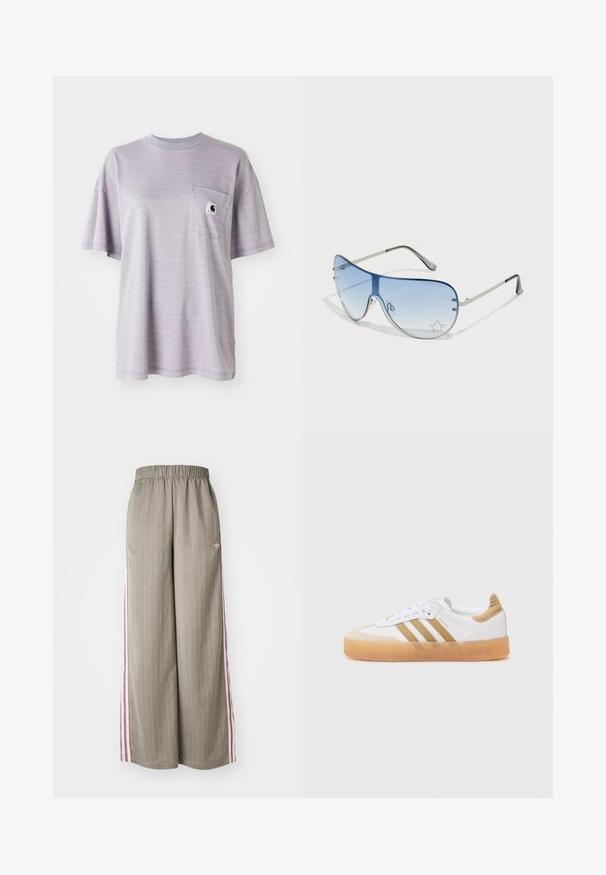 Camiseta de manga corta en un suave color púrpura claro, con sutiles rayas horizontales y un bolsillo en el pecho con un pequeño logotipo de la marca. Tejido de algodón suave.; Pantalones de pierna ancha en verde oliva claro con rayas verticales, cinturilla elástica y rayas laterales rosas. Presenta un pequeño logo en la cadera.; Zapatilla blanca con acentos en beige, que presenta tres franjas, una puntera redonda y una suela de goma translúcida. Materiales de cuero suave y textil.; Gafas de sol tipo aviador con lentes azul degradado, montura de metal plateado y acentos decorativos de estrellas en los lentes. Diseño suave y elegante.