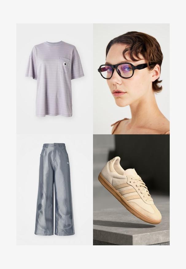 Lyselilla kortermet t-skjorte med subtile horisontale striper og en brystlomme med en liten merkevarelogo. Myk bomullsstoff.; Vide benbukser i skinnende grå materiale, med hvide sidestriber og et flammemønster på de nederste ben. Knap- og lynlåslukning i taljen.; Lys beige suedette sneakers med gummisåle, tre diagonale striper og en teksturert tåhette. Har logo på tungen og siden.; Sorte rektangulære briller med lilla fargede linser, med en tykk ramme og flate sider, som fremhever et moderne design.