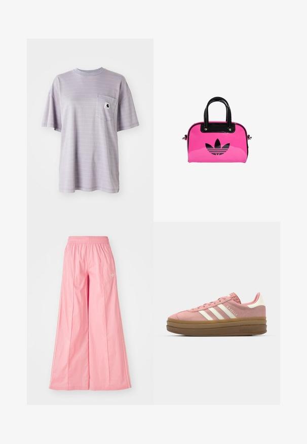 Hellpurpurfarbenes Kurzarm-T-Shirt mit dezenten Horizontalstreifen und einer Brusttasche, die ein kleines Markenlogo zeigt. Weicher Baumwollstoff.; Rosa weit geschnittene Hosen aus einem leichten Stoff, mit einem elastischen Bund und dezenten weißen Seitenstreifen. Kleines Logo auf der Vorderseite.; adidas Originals GAZELLE BOLD - Sneaker low - mauve/off white; Rosa patentierte Handtasche mit schwarzem Logo und Griffen, die eine runde Form und einen Reißverschlussverschluss aufweist. Die glänzende Textur verbessert die Sichtbarkeit.