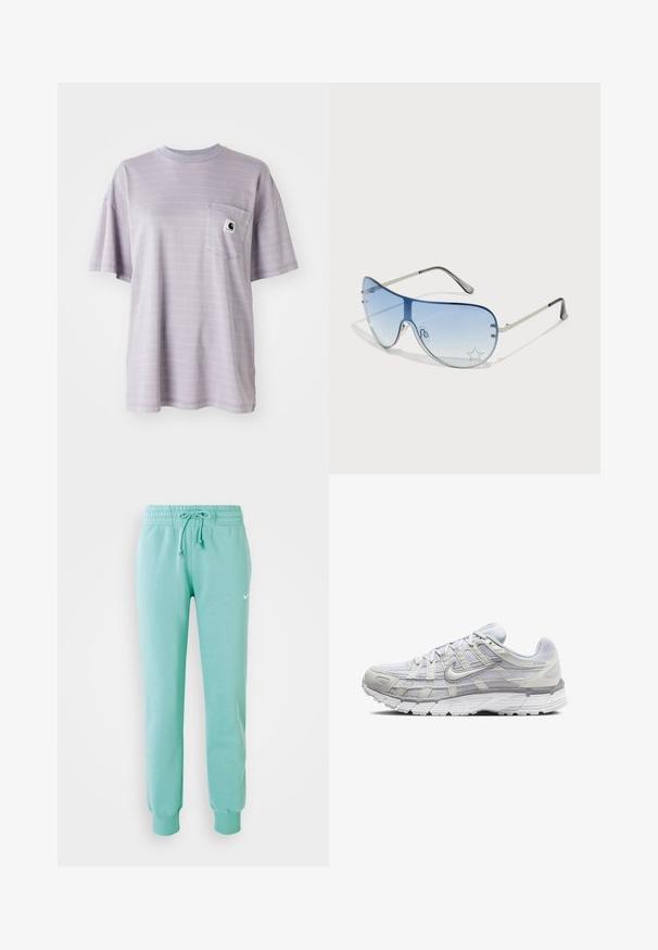 Világos lila, rövid ujjú póló, finom vízszintes csíkokkal és egy mellzsebbel, amelyen egy kis márka logó található. Puha pamut anyag.; Menta zöld melegítőnadrág, gumis derékkal, húzózsinórral és bordás mandzsettával. A bal combján egy kis fehér Nike logó található.; Világosszürke sportcipők, hálós és szintetikus felső résszel, fűzős zárással, párnázott bokával és texturált talppal a tapadás érdekében.; Pilóta napszemüveg, melynek áttetsző kék lencséje, ezüst fém kerete és díszes csillag díszítések találhatók a lencsén. Simogató és elegáns dizájn.