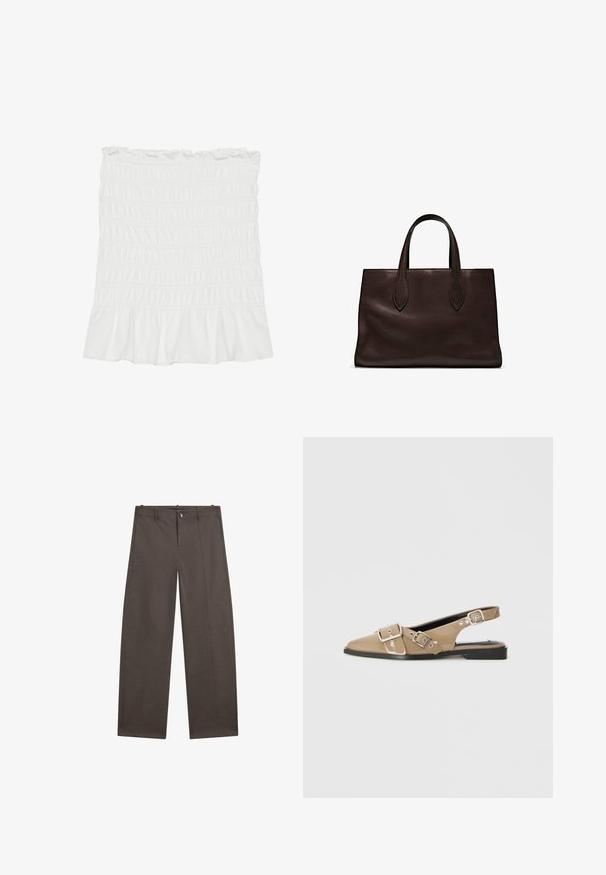 Vit, smockad kjol i tyg med volangkant och elastisk midja, med en strukturerad yta och ett svävande design.; Breda byxor i mörkt brunt tyg. Har en knappstängning, två framfickor och en slät textur med rena sömmar.; Beige patenterade slingback-skor med spetsig tå, två justerbara spännen och en låg svart klack. Slät textur med en glänsande yta.; Brun läder tote-väska med två avlånga handtag, strukturerad rektangulär form, slät textur och subtila sömdetaljer.