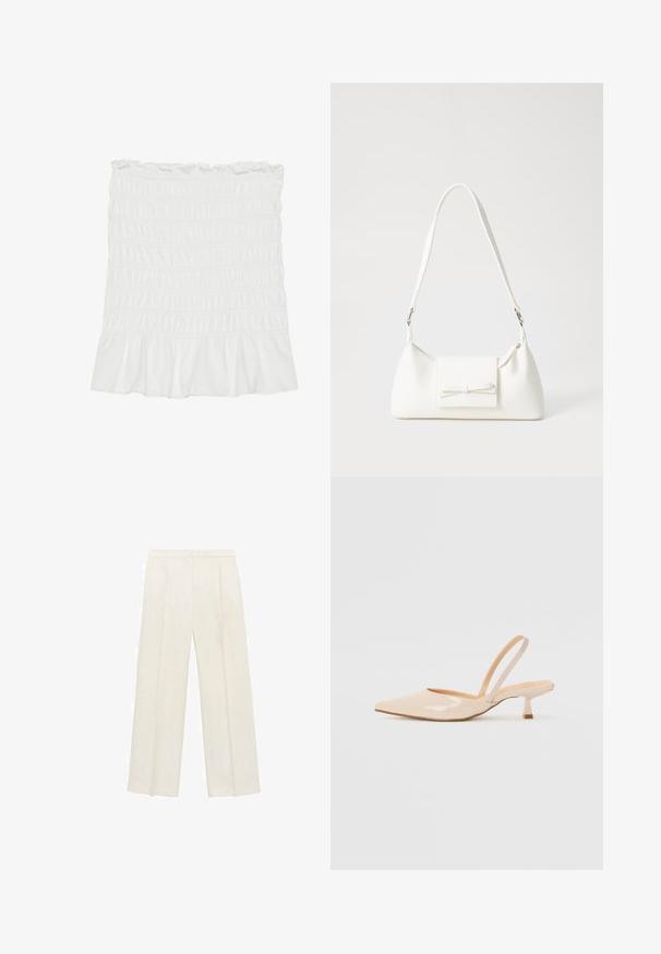 Hvid, smocket stofnederdel med en bølget kant og elastisk talje, der har en tekstureret overflade og et flydende design.; Bredbenede bukser i en lys cremefarve. Fremstillet af et glat stof med plisseringer foran og sidelommer.; Beige patenteret læder slingback høje med spids tå og en slank, firkantet hæl. Glat tekstur og minimalistisk design uden udsmykninger.; Hvid syntetisk håndtaske med en trekantet form, flad forsideklap og sløjfedetalje, justerbar strop, glat tekstur og minimalistisk design.
