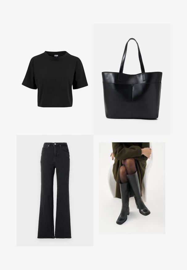 Zwart cropped T-shirt van katoen, met een ronde hals en korte mouwen, met een effen, gladde textuur en zonder zichtbare grafische elementen.; Zwarte high-waisted denimjeans met een uitlopende pijp, een knoop aan de voorkant en een vijf-pocket ontwerp tegen een effen witte achtergrond.; Knieschijf hoge zwarte leren laarzen met een vierkante neus en blokhak, getoond met een model dat zit in een olijfgroene jas. Gladde textuur, minimale details.; Zwarte leren tote bag met twee lange handvatten, een zachte textuur en een gestructureerde vorm. Voorzien van een voorvak voor extra opslagruimte.