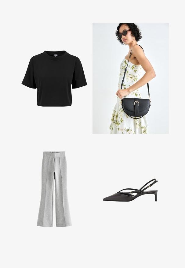 T-shirt nera crop in cotone, con scollatura rotonda e maniche corte, dalla texture liscia e semplice, senza grafiche visibili.; Pantaloni sportivi grigi a campana con texture liscia, vita alta e dettagli delle cuciture verticali per un tocco di dimensione in più.; Pump slingback nera in pelle con punta affusolata, sottili cinturini alla caviglia e tacco a stiletto basso. Texture liscia con design minimalista.; Borsa a tracolla nera in pelle con una forma curva, manico rimovibile e accessori dorati. La borsa presenta una patta con un dettaglio a fibbia.