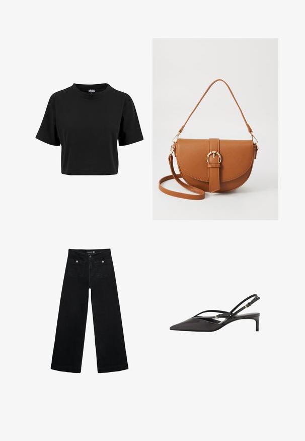 Črna kratka majica iz bombaža, ki ima okrogli izrez in kratke rokave, z enostavno, gladko teksturo in brez vidnih grafičnih elementov.; Črne široke kavbojke z visokim pasom, ki imajo dva sprednja žepa in kovinske gumbi. Tkanina ima gladko teksturo.; Črne usnjene slingback čevlje s koničastim nosom, vitkimi gležnjastimi trakovi in nizkim stiletto peto. Gladka tekstura z minimalističnim dizajnom.; Rjava usnjena torbica prek telesa s ukrivljeno obliko, zlate opreme in sponko. Ima odstranljiv naramni trak.