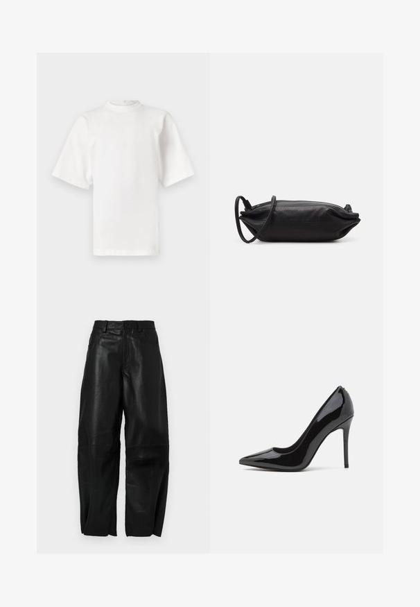 Hvid kortærmet bomulds T-shirt med høj hals og lige pasform. Ingen synlige mønstre eller accenter. Søm detaljer ved skuldrene.; Sorte læderbukser med en løs pasform, der har en lige ben-design, forlommer og synlige syningsdetaljer.; Sorte patentlærred højhælede pumps med spids tå og glat tekstur, der har en slank stilethæl. Ingen synlige udsmykninger.; Sort læder clutch taske med rektangulær form, glat tekstur, tynd skulderrem og minimalistisk design.
